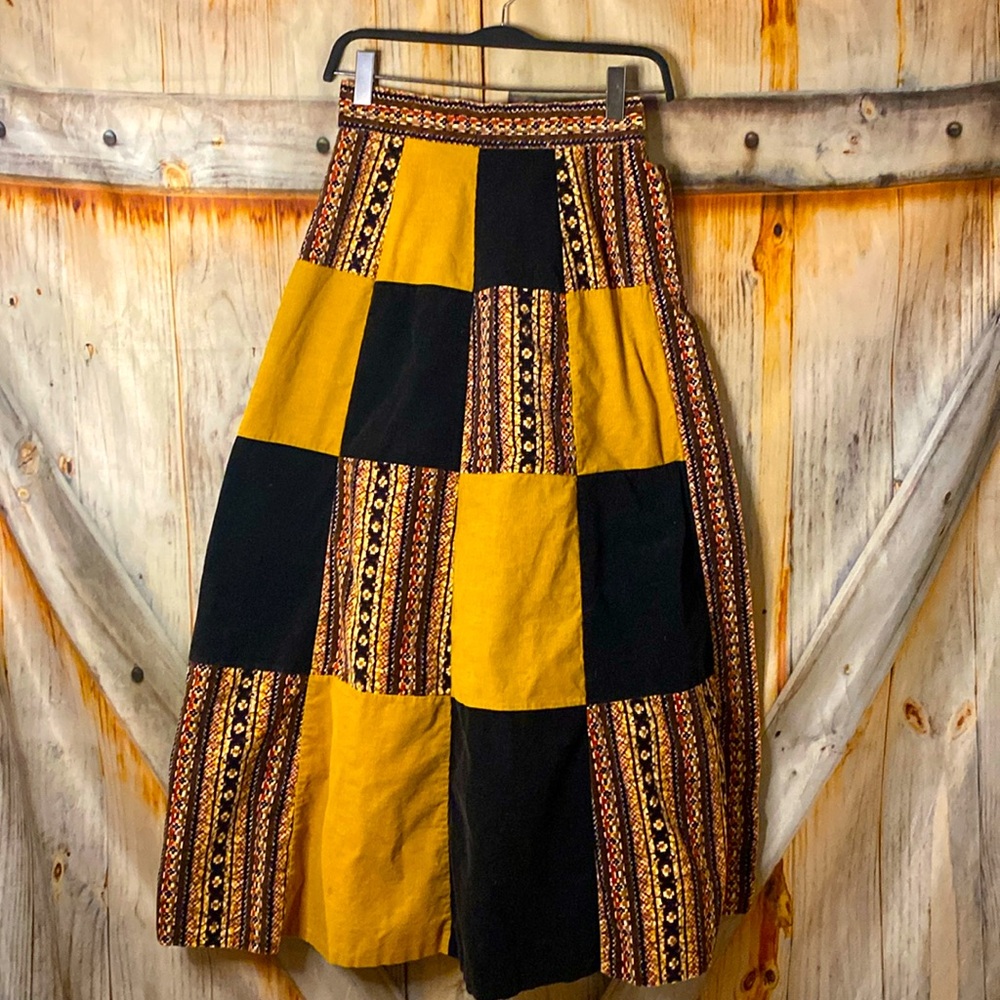 Vintage Patchwork Maxi Skirt - Mustard & Black